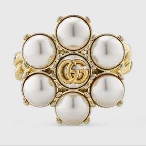 Auth Gucci Pearl Double GG Ring